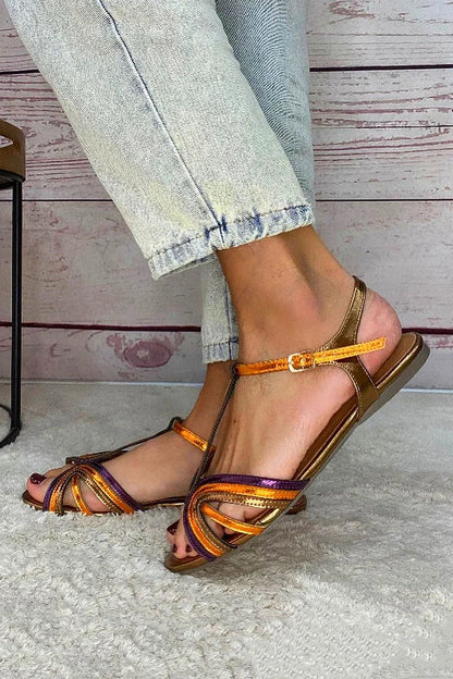 Harper - Golden Sandals with Buckle and Multicolour Strap for Summer