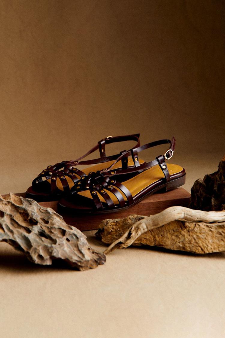 Scarlett - Metal Studded Sandals with Openings in Dark Brown for Summer