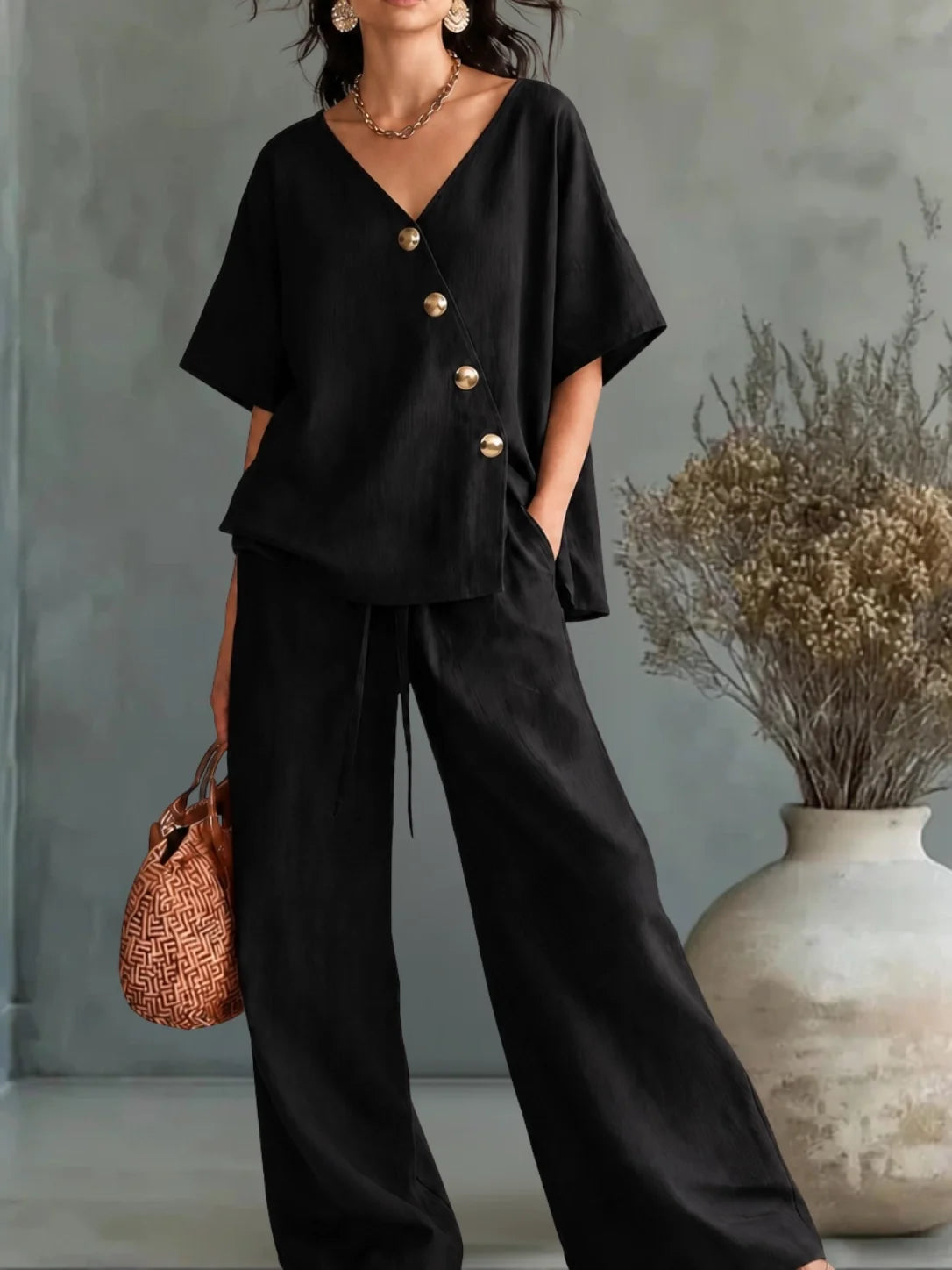 Greta | V-Neck Button-Up Set