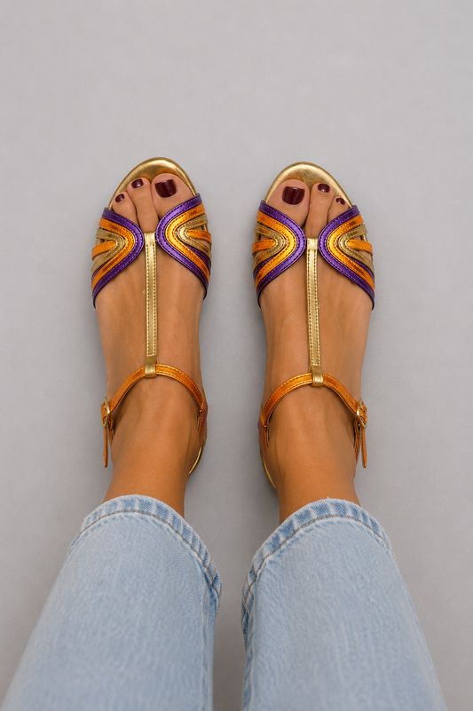 Harper - Golden Sandals with Buckle and Multicolour Strap for Summer