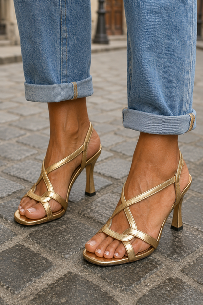 Avery - Metallic Gold Heels with Crossed Straps for Summer