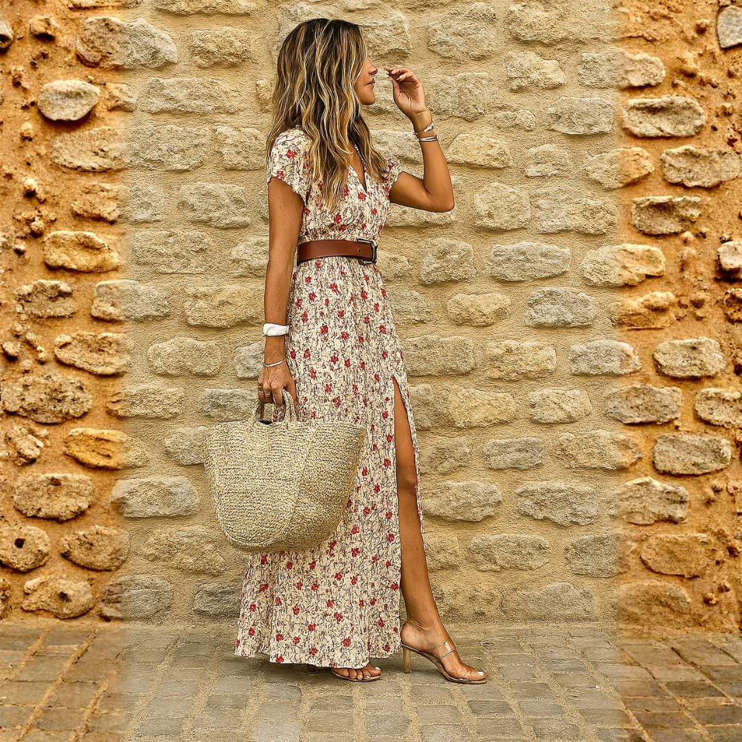 Joselin – Long, flowy bohemian dress with belt