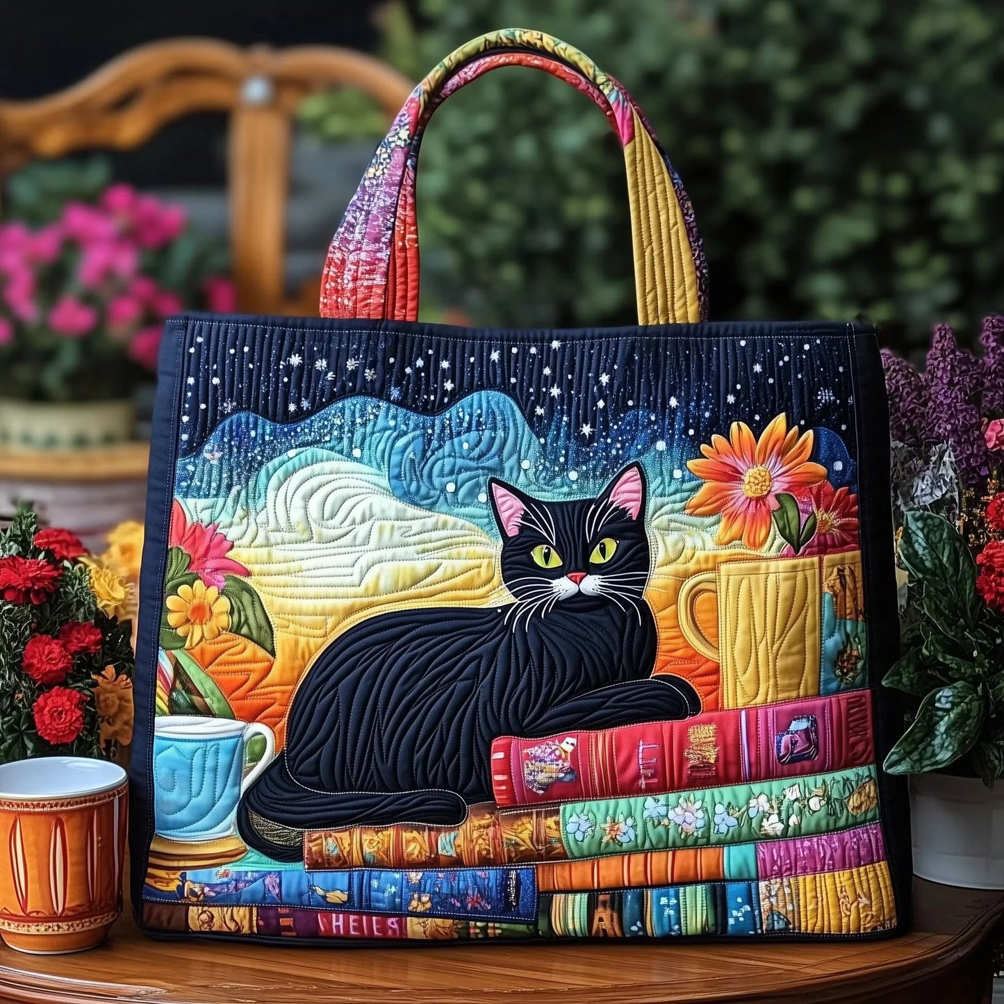 Curious Cat Quilted Tote Bag
