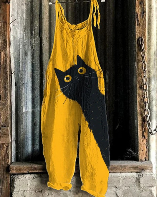 Solea | Lightweight yellow artisan overall with black cat