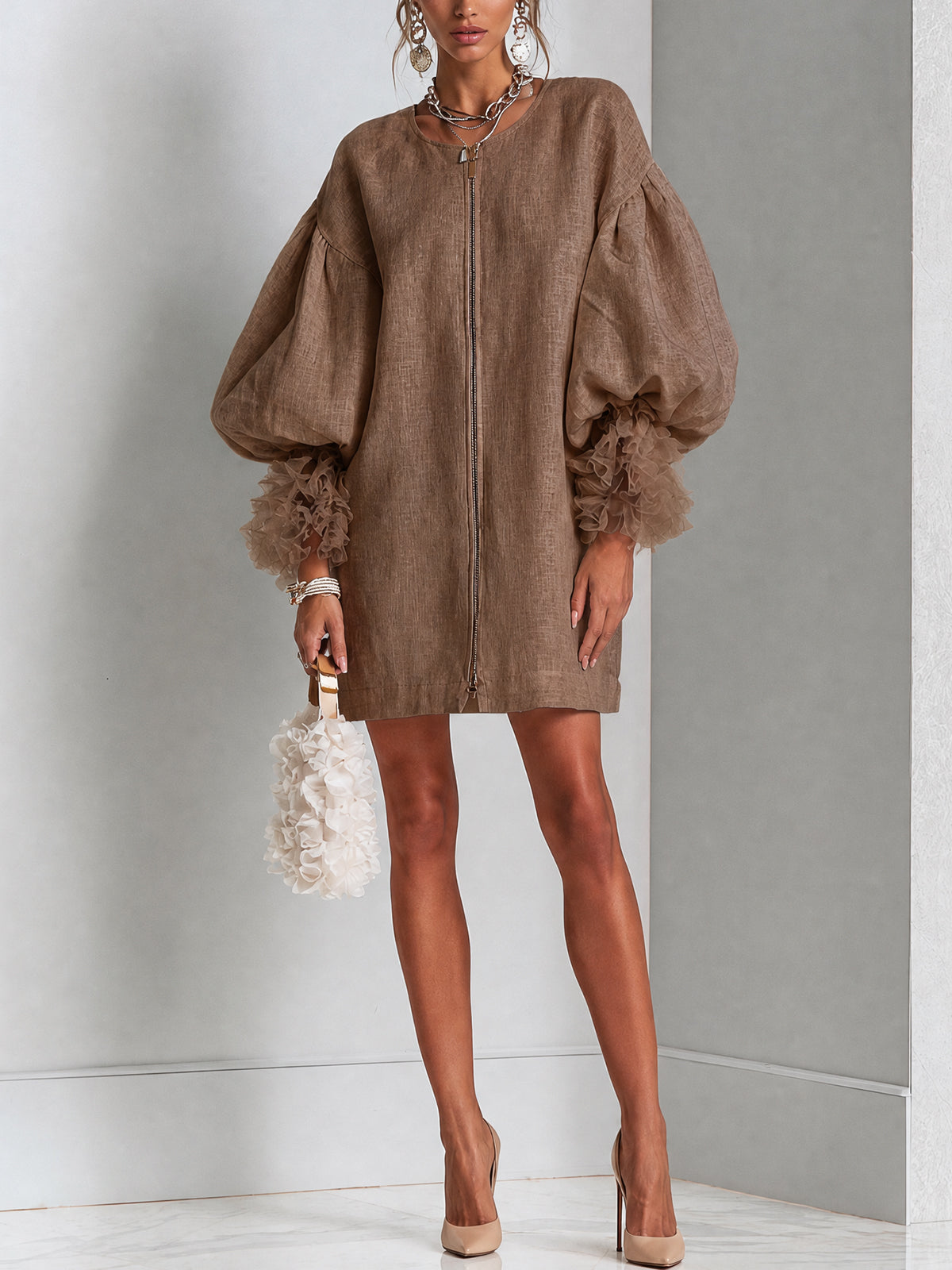 Rebecca | Zip-Front Balloon Sleeve Mini Dress